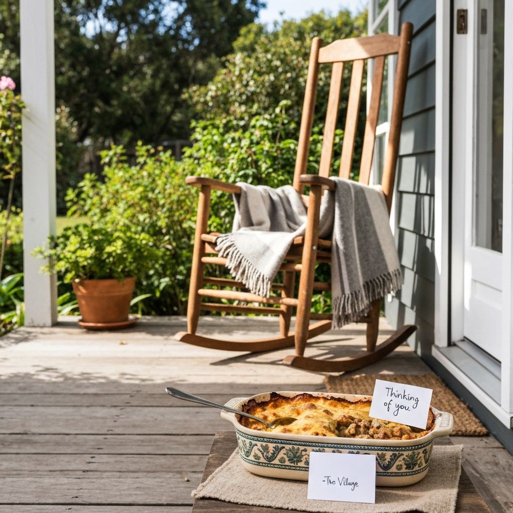 A warm porch scene with a casserole dish and a card reading 'Thinking of you - The Village', representing community care